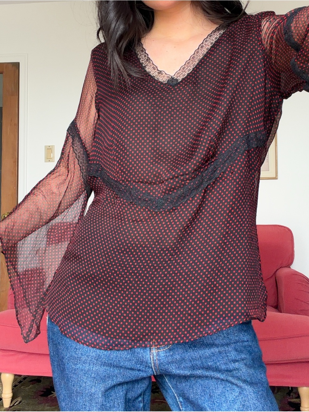 Sheer Polka Dot V-Neck Blouse with Lace Trim - Burgundy/Black